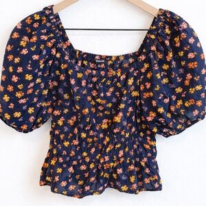 Madewell Navy Floral Smocked Puff Sleeve Top Size Small Cottagecore